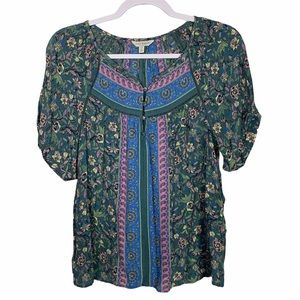 Lucky Brand Boho Crochet Cutout Floral Button Top